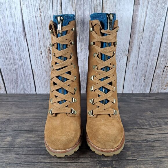 UGG Fabrice Chestnut Block Heel Lace Up Wool Lined Boots Women's Sz 6.5 (GUC) - Picture 2 of 9